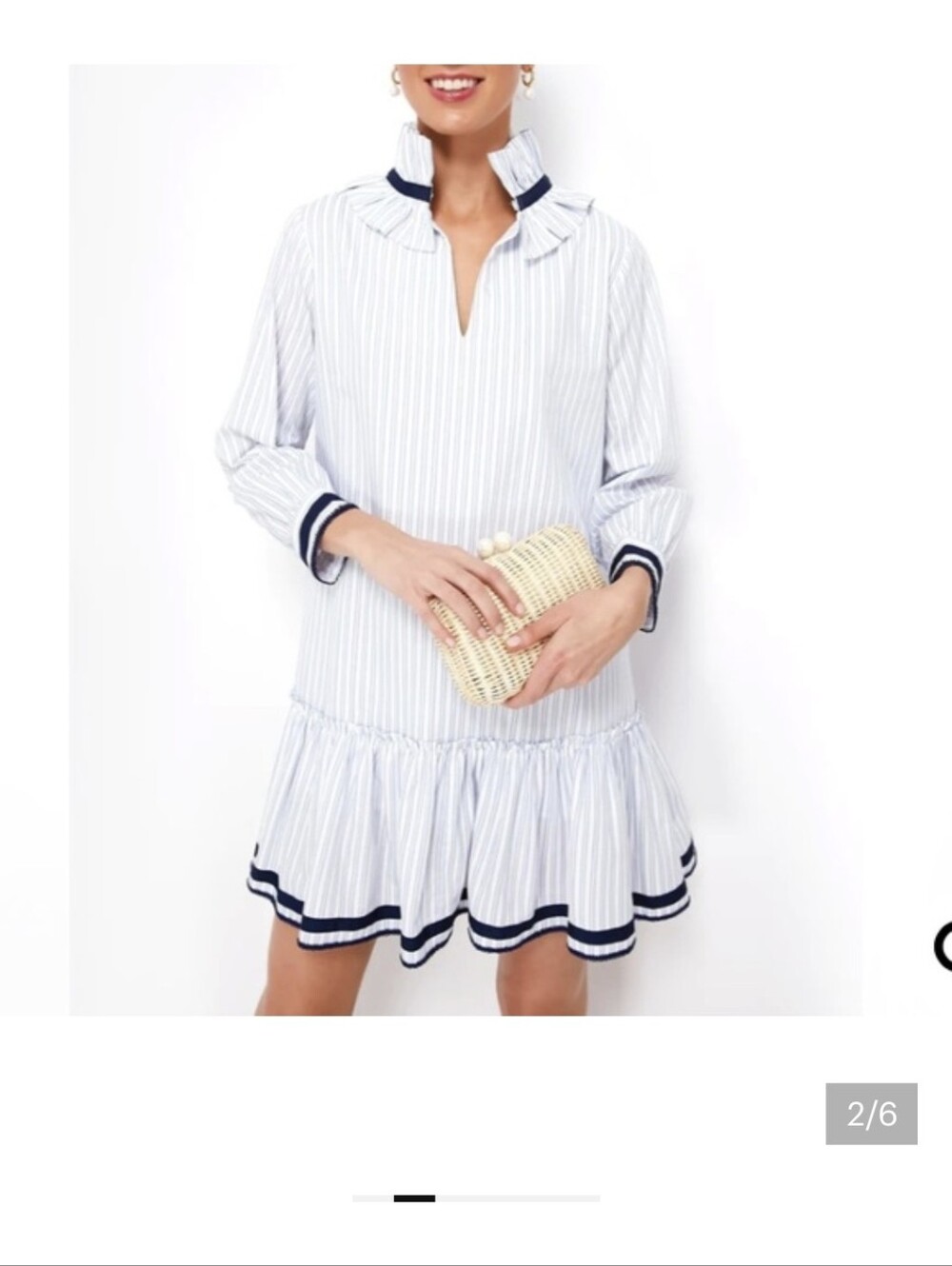 Tuckernuck White & Light Blue Striped Ruffle-Hem Dress with Navy Trim